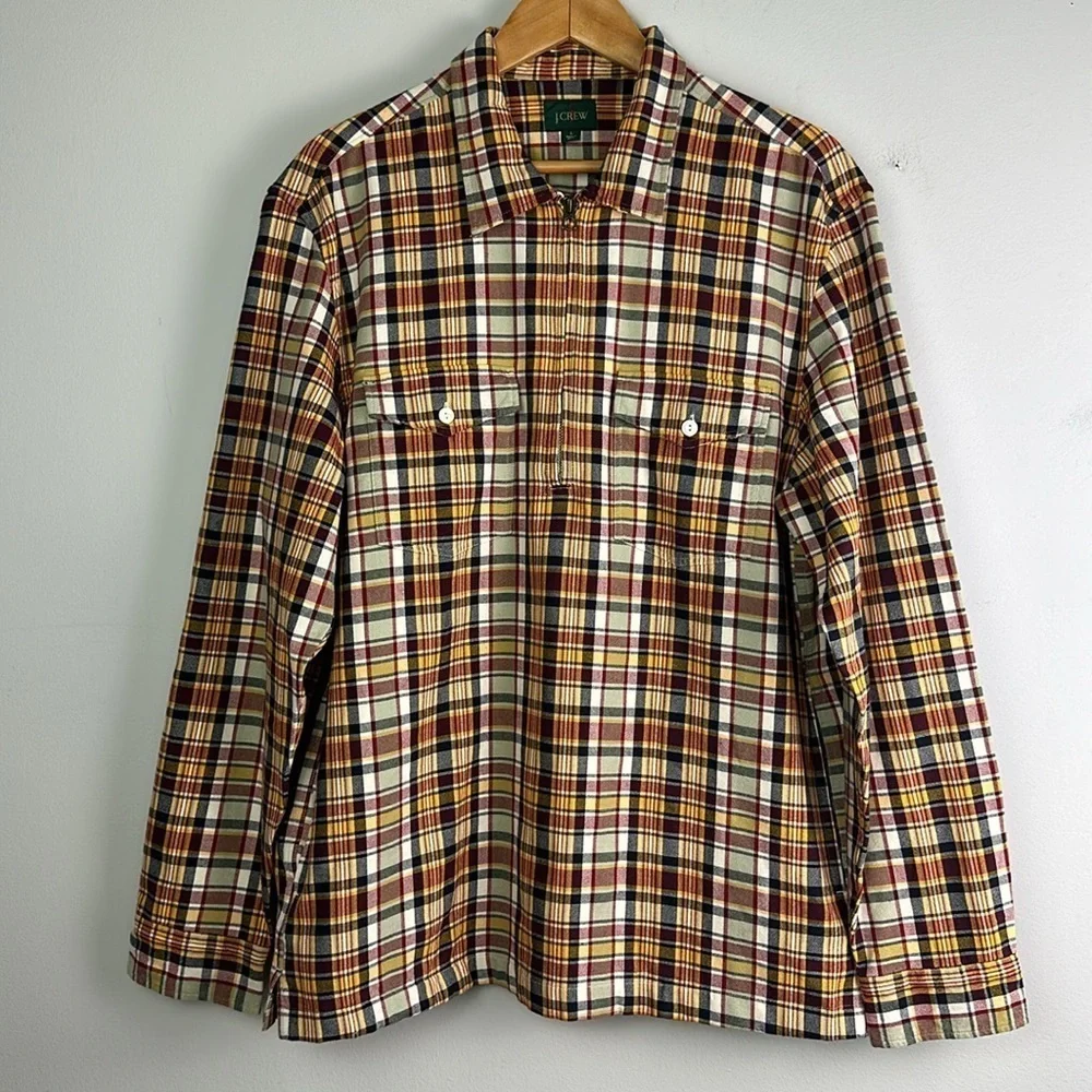 J. Crew Half Zip Pullon Shirt Jacket Large Yarn Dyed Cotton Canvas Plaid Pockets
